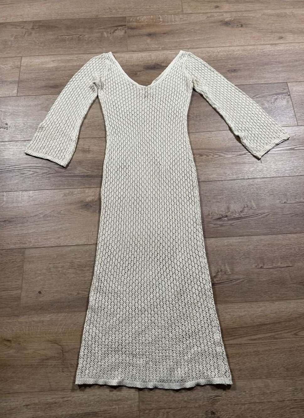 Y2K Crochet Knit Maxi Dress Bell Sleeve Beach Cover Up Boho XS - S Beige - Picture 3 of 10